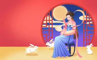 中秋节国潮中秋嫦娥玉兔窗框月亮插画素