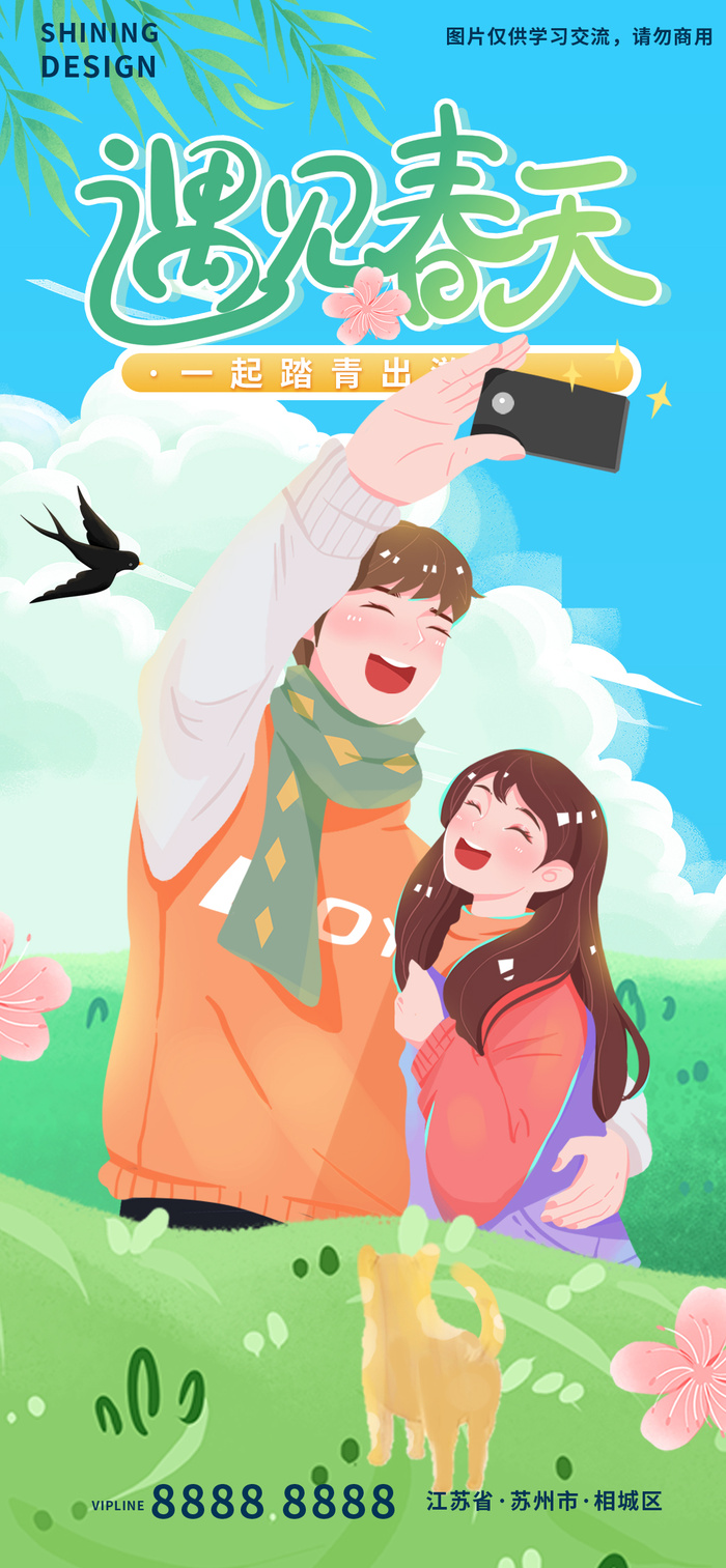 遇见春天情侣自拍踏青插画海报
