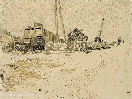 梵高铁路堆场水彩风景画 梵高铁路堆场水彩风景画