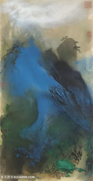 张大千手绘水墨艺术背景装饰画