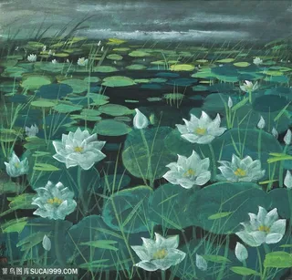 林风眠手绘唯美莲花风景画