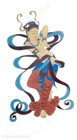 工笔画梵天跳舞敦煌菩萨矢量壁画国画图片