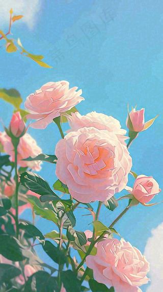 春天蓝天白云阳光下的粉色玫瑰花朵，谷雨立夏