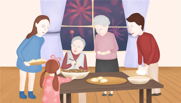 家人团聚插画包饺子