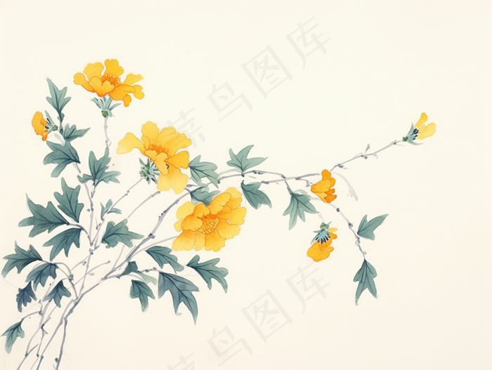 国风水墨画黄花枝条插画 (3696x2784)