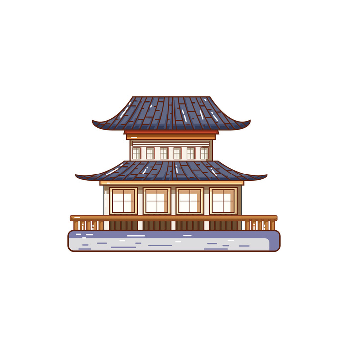 复古中国风国潮古建筑插画手绘高楼古塔AI素材亭子png免抠图