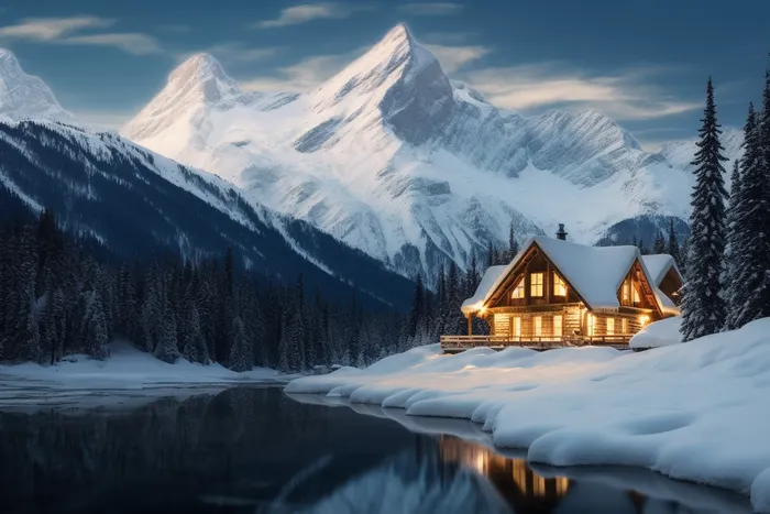 雪山高原山脚下的木屋摄影图(4032x2688)