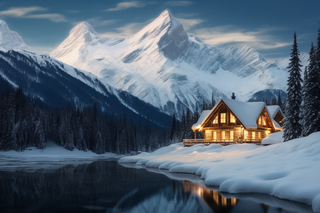 雪山高原山脚下的木屋摄影图