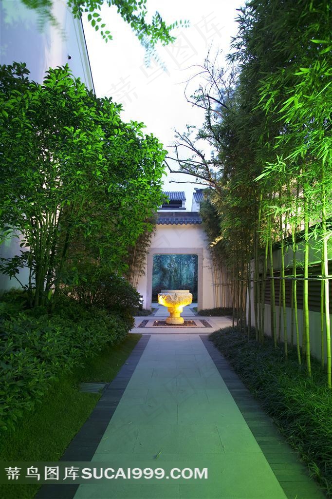 中式别墅建筑小区 竹林小道三进院落
