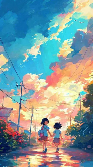 清新蓝天白云儿童路边行走手绘插画，花丛草地植物