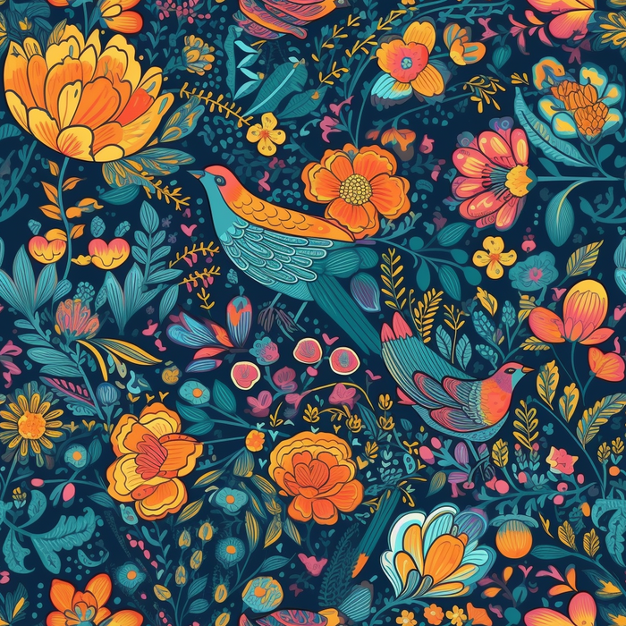 花鸟图，插画风格，无缝贴图，素材