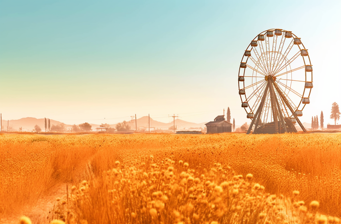 晴空下有摩天轮的田野金色色调插画背景(4080x2688)