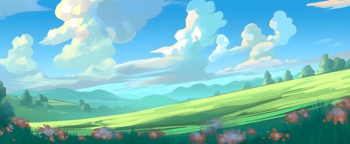 春天蓝天白云草原绿色树草地手绘插画海报素材背景(6848x2816)