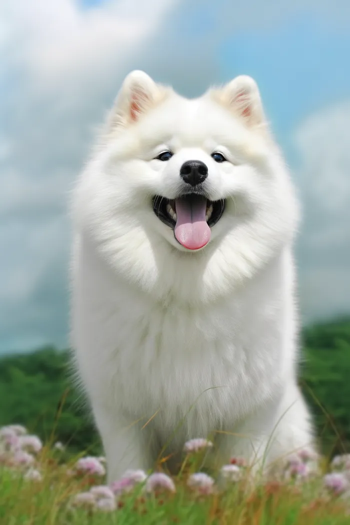 白色萨摩耶宠物狗在草坪花丛玩耍开心摄影图(2688x4032)