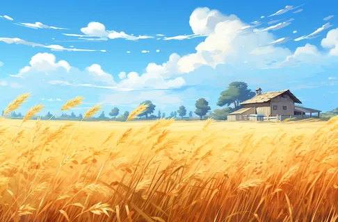 秋天成熟的金黄麦田稻田卡通插画素材图