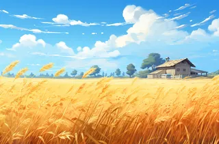 秋天成熟的金黄麦田稻田卡通插画素材图