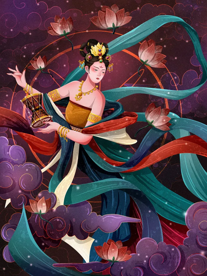 复古中国风国潮神话人物敦煌插画仙女手绘海报背景PSD设计素材psd模版下载