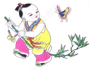 骑竹竿的古代童子年画