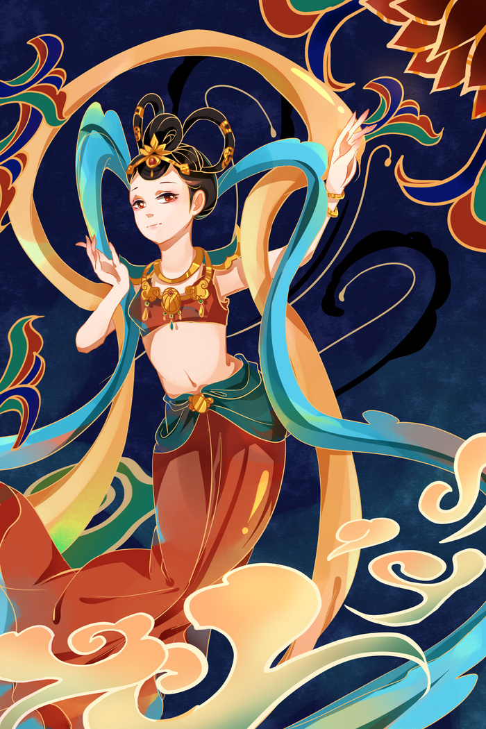 复古中国风国潮神话人物敦煌插画仙女手绘海报背景PSD设计素材