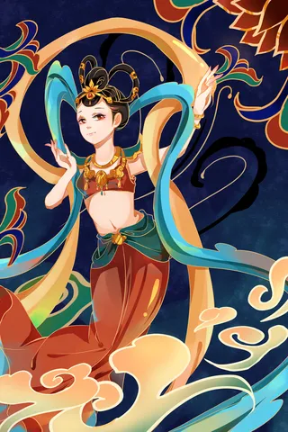 复古中国风国潮神话人物敦煌插画仙女手绘海报背景PSD设计素材
