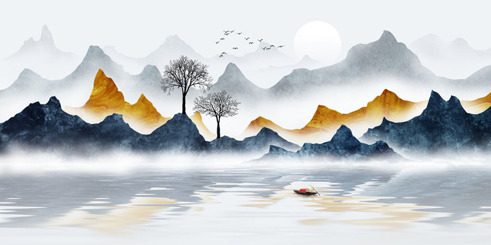 新中式山水小船背景