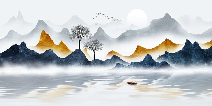 新中式山水小船背景psd模版下载