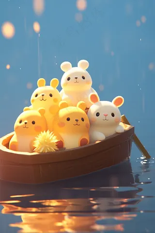 小熊们坐船湖泊卡通插画