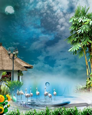 水彩油画蓝天乡村白鹤背景