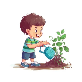 小男孩拿着水壶水桶浇水绿植草人物插画免抠