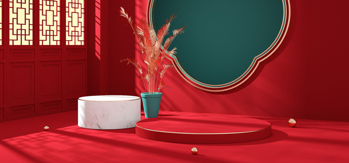 中国风国潮电商促销首页海报C4D背景图3D场景立体设计PSD素材模板