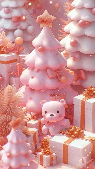 礼物粉色唯美C4D效果儿童小熊，圣诞树圣诞节