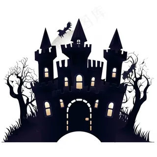 万圣节城堡枯树蝙蝠恐怖插画免抠