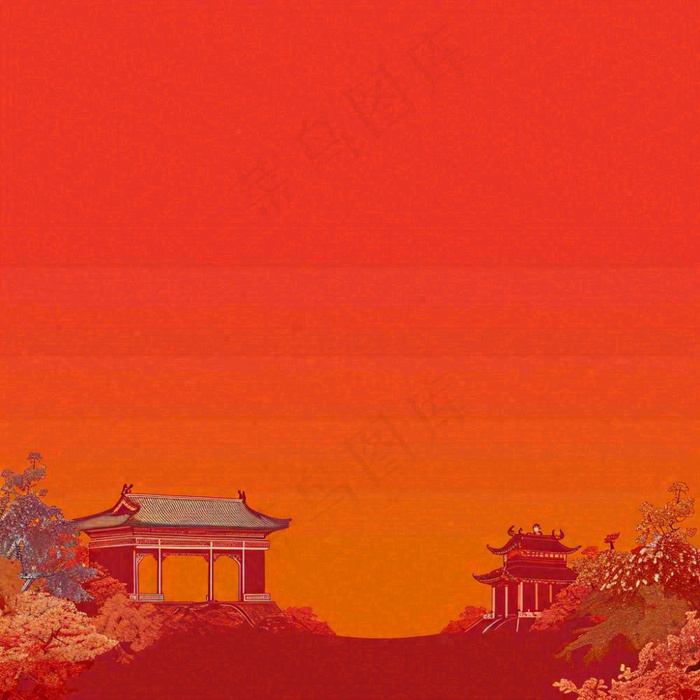 红色渐变国风建筑剪影，中国风简约