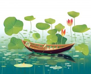 睡莲荷花帆船湖水背景