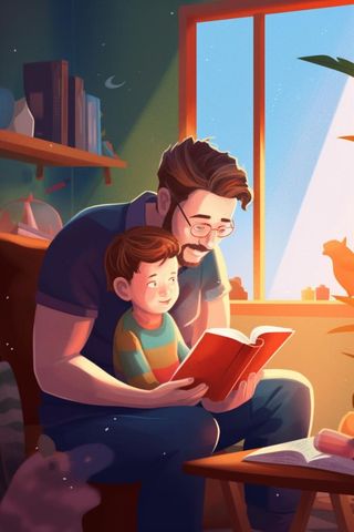 父子看书学习温馨插画背景
