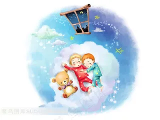 躺在云朵上的小男孩小熊插画素材