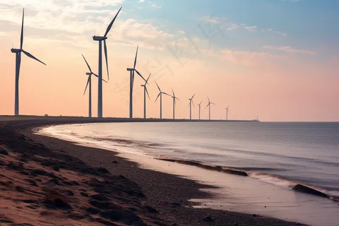 海边日落风车风景摄影图 