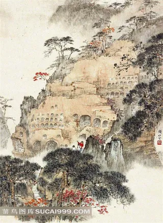 国画山水千佛岩高清图片