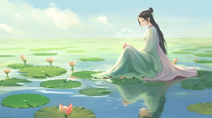 莲花荷叶池塘中的古风少女卡通插画(x)