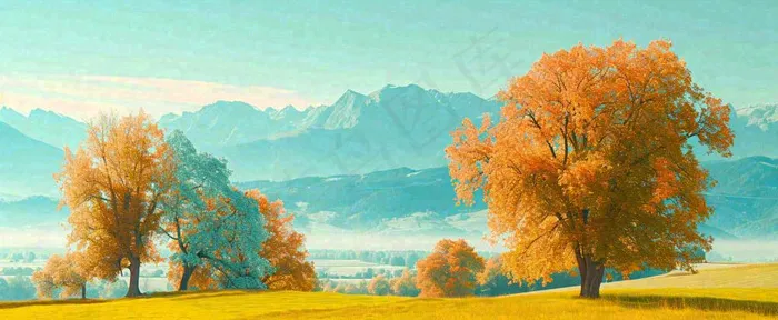 秋天山脉秋叶树木，秋分摄影图(1712x704)