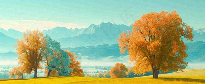 秋天山脉秋叶树木，秋分摄影图