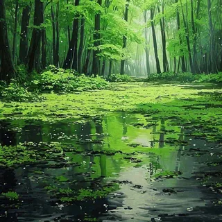 春天绿树成荫的树林里面小溪溪水飘着树叶和花瓣