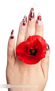 夹着一朵红花的彩绘指甲高清图
