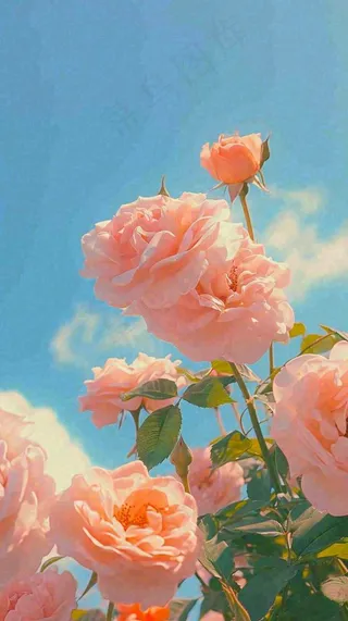 春天蓝天白云阳光下的浪漫粉色玫瑰枝叶绿叶