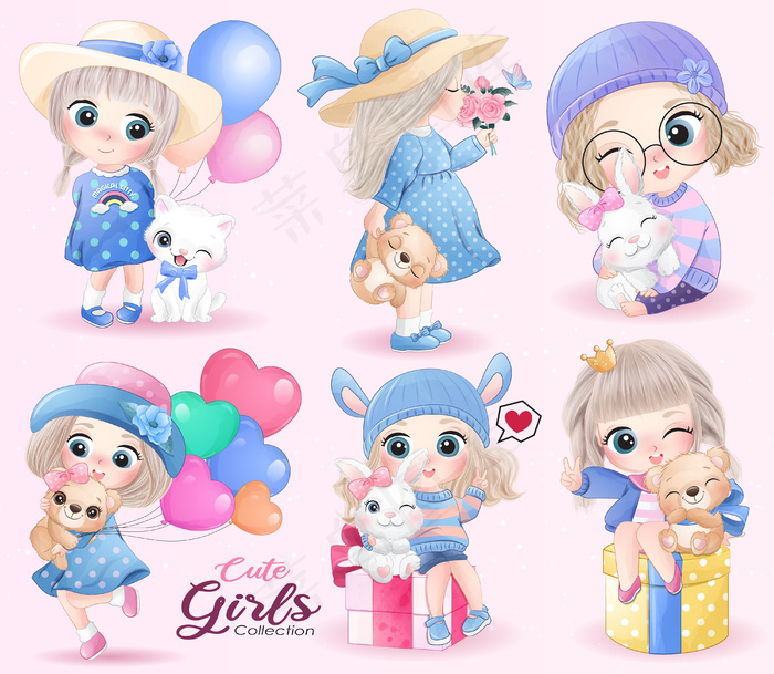 可爱小女孩六个矢量插画水彩