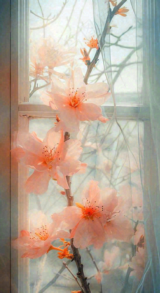 春天窗台橙色渐变鲜花，朦胧枝叶，春节立春(816x1488)