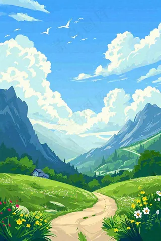 春天郊外旅行蓝天白云清新草地手绘，春分