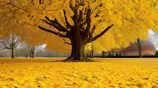 秋天里的树木树叶黄了落了满地的落叶摄影图