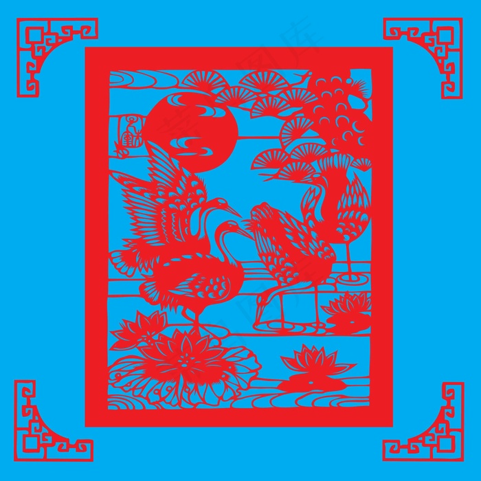 鹤剪纸 剪纸风元素ai矢量模版下载