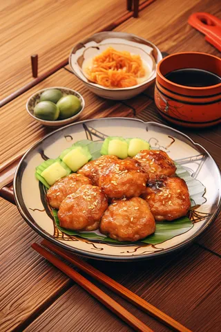 美食红烧肉丸配料碗筷摄影图